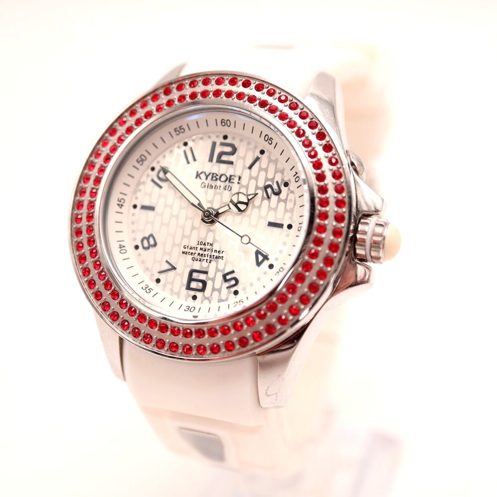 KYBOE! White Giant 40mm Red Gem Stone Bezel Watch Backlight Silicone New Battery